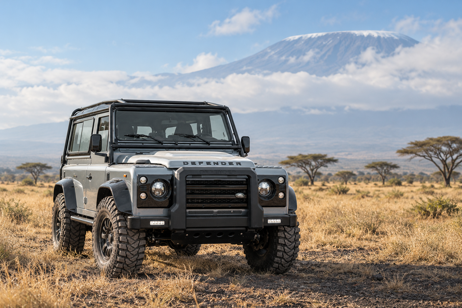 Silver wide-track four-wheel drive beneath Kilimanjaro in Kenya