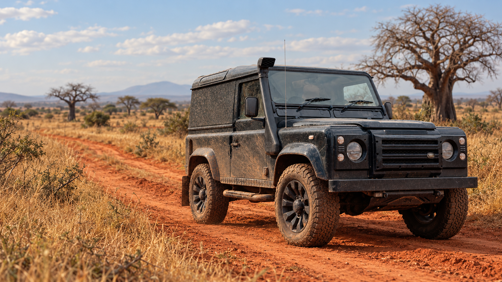 Forest-green expedition four-wheel drive crossing a red-earth track in Tsavo, Kenya